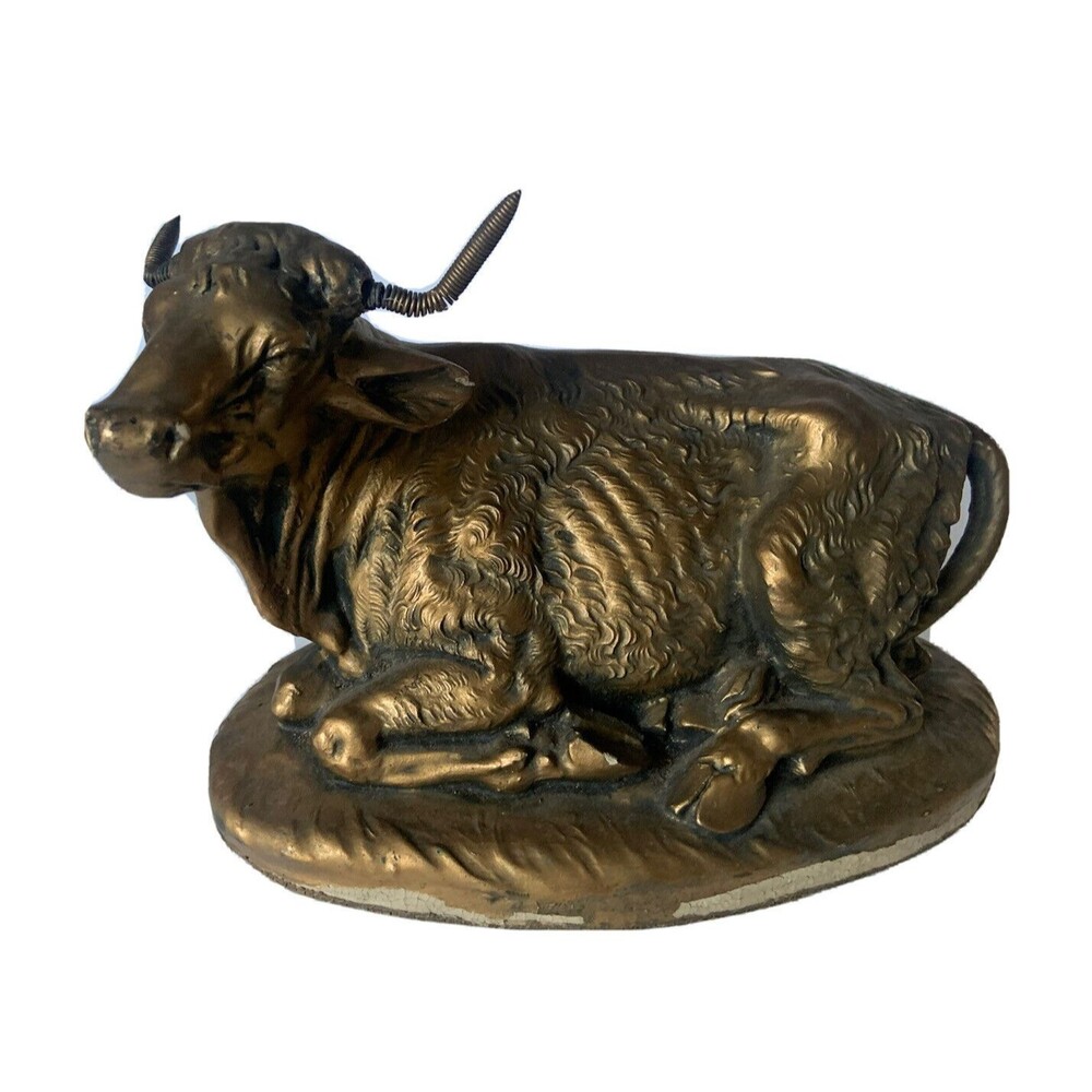 MCM Signed recumbent ox bull Hand Painted Italy Gold Tone 10” L